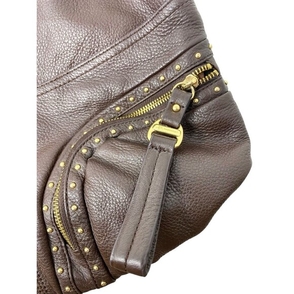 B Makowsky Dark Brown Leather Hobo Shoulder Studded Handbag Purse Logo Keychain - Picture 3 of 9
